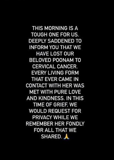 Poonam Pandey Death News by her Instagram Team