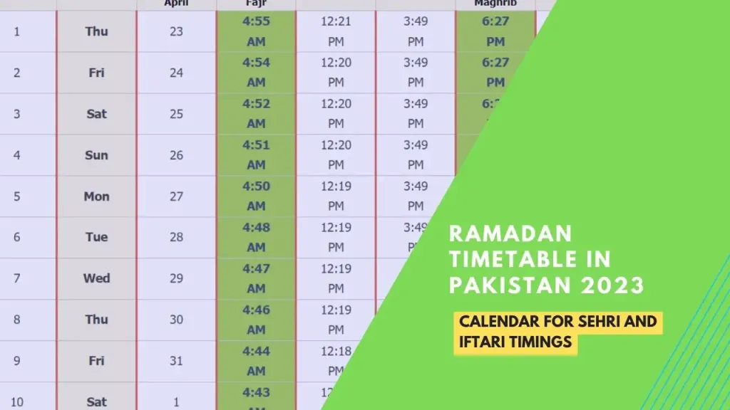 Ramadan Timetable In Pakistan 2023